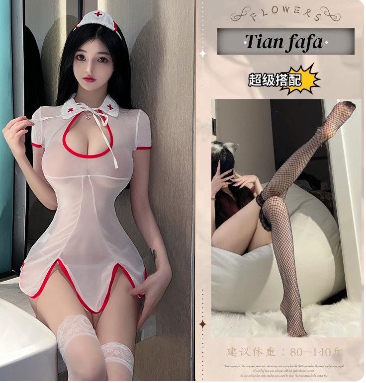 Erotic lingerie sexy female nurse suit hot mesh see-through seduction cut-out small breasts uniform set