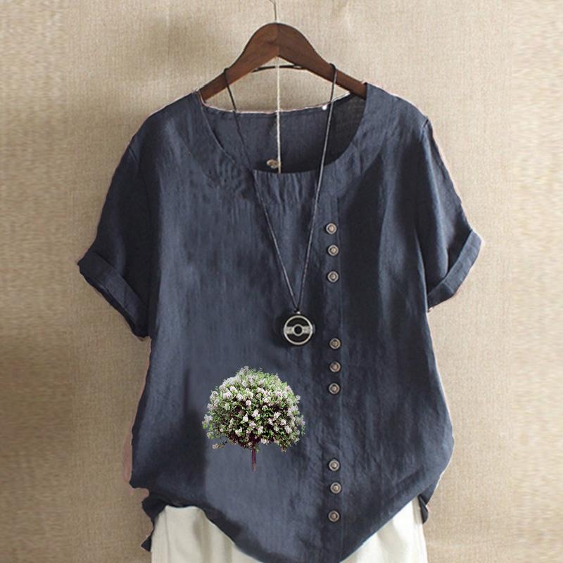 Женская мода с круглым вырезом и коротким рукавом, повседневная хлопковая льняная рубашка с рисунком, свободная хлопковая летняя блузка с принтом для отдыха, топы