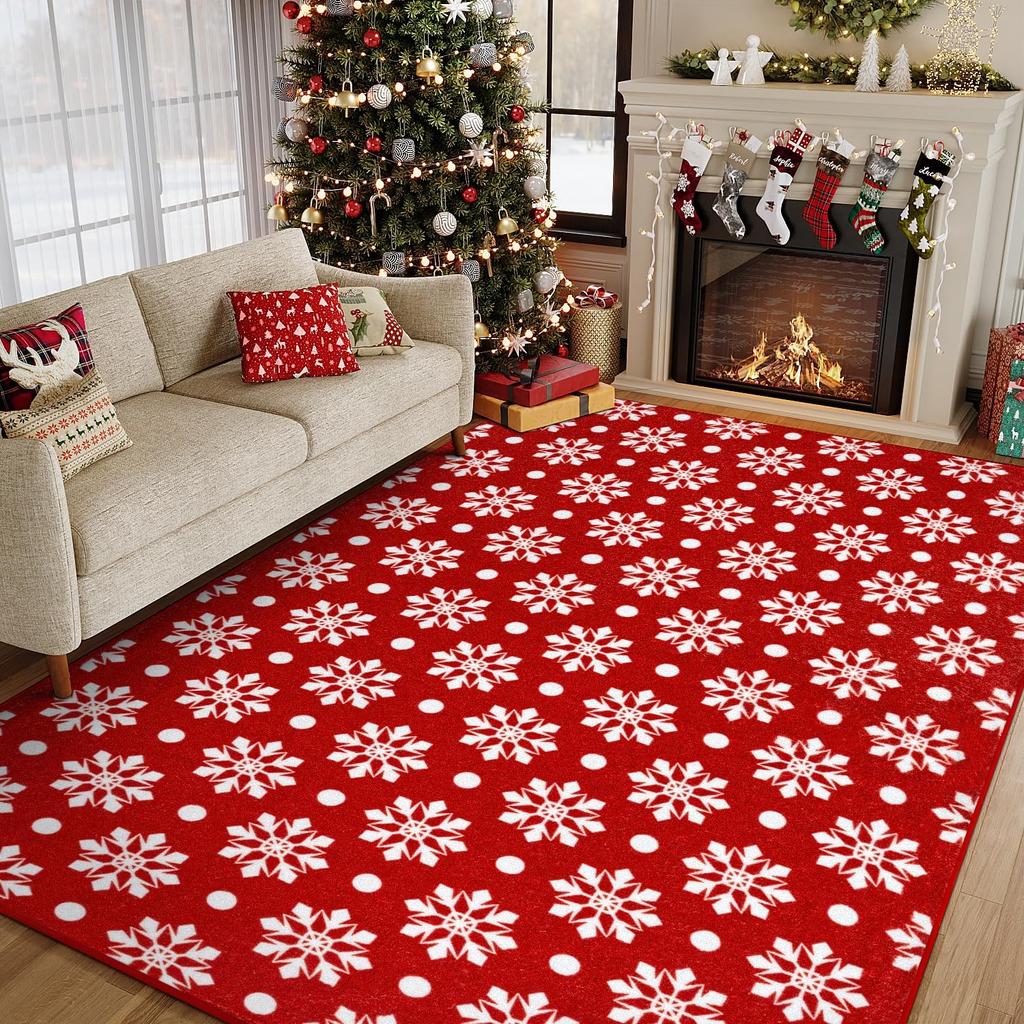 Christmas Large Area Rug Living Room Rug Machine Washable Rugs Low Pile Carpet Indoor Door Mat Red/White Non-Slip Snowflake Rug