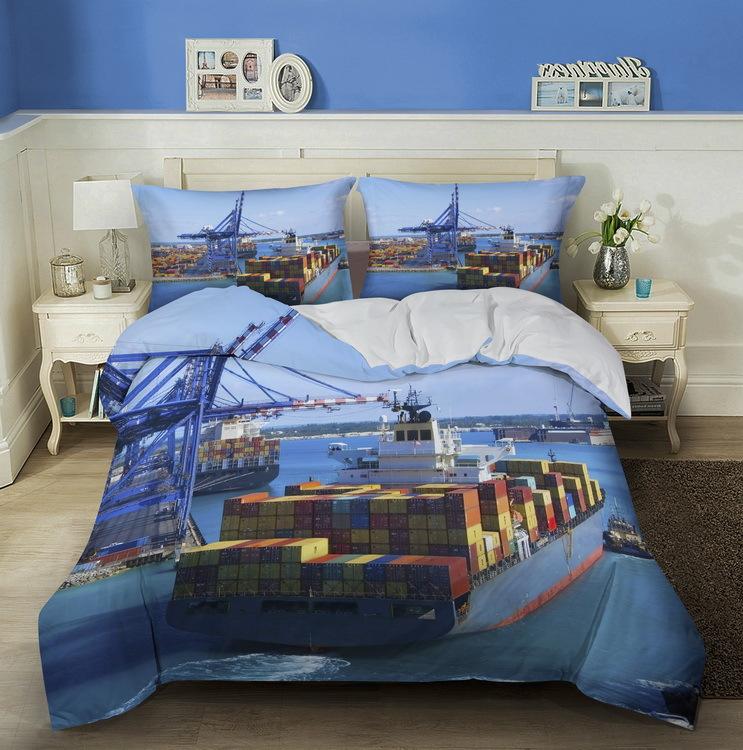 3D Ship Duvet Cover Set King Queen Size Large Freighter Container Print Bedding Set Blue Sea 2/3pcs Polyester Comforter Cover