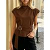 High Neck Sleeveless Metal Buckle Belt Waist Cinching Slim Fit Commuter Blouse