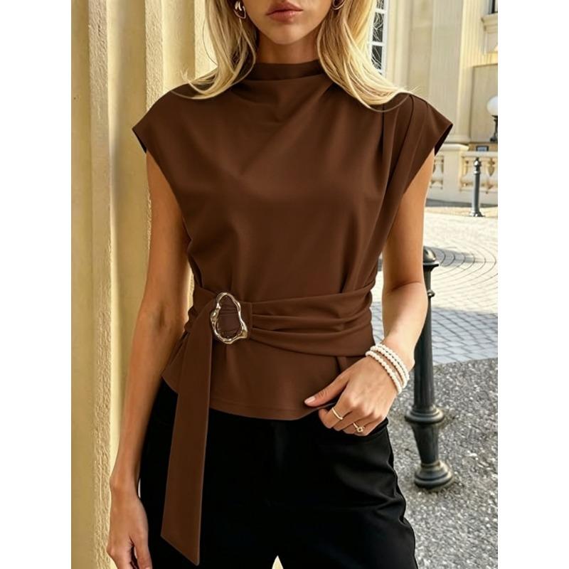 High Neck Sleeveless Metal Buckle Belt Waist Cinching Slim Fit Commuter Blouse