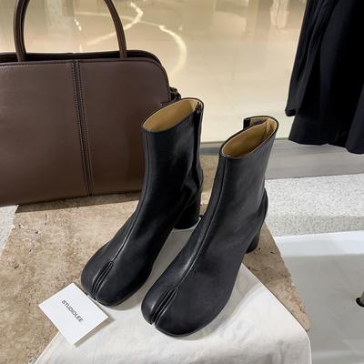 Версия из овчины корейская версия ботинки с раздвоенным носком свиные копытца ботинки челси женские кожаные универсальные ботинки мартин высокий каблук тонкие короткие ботинки