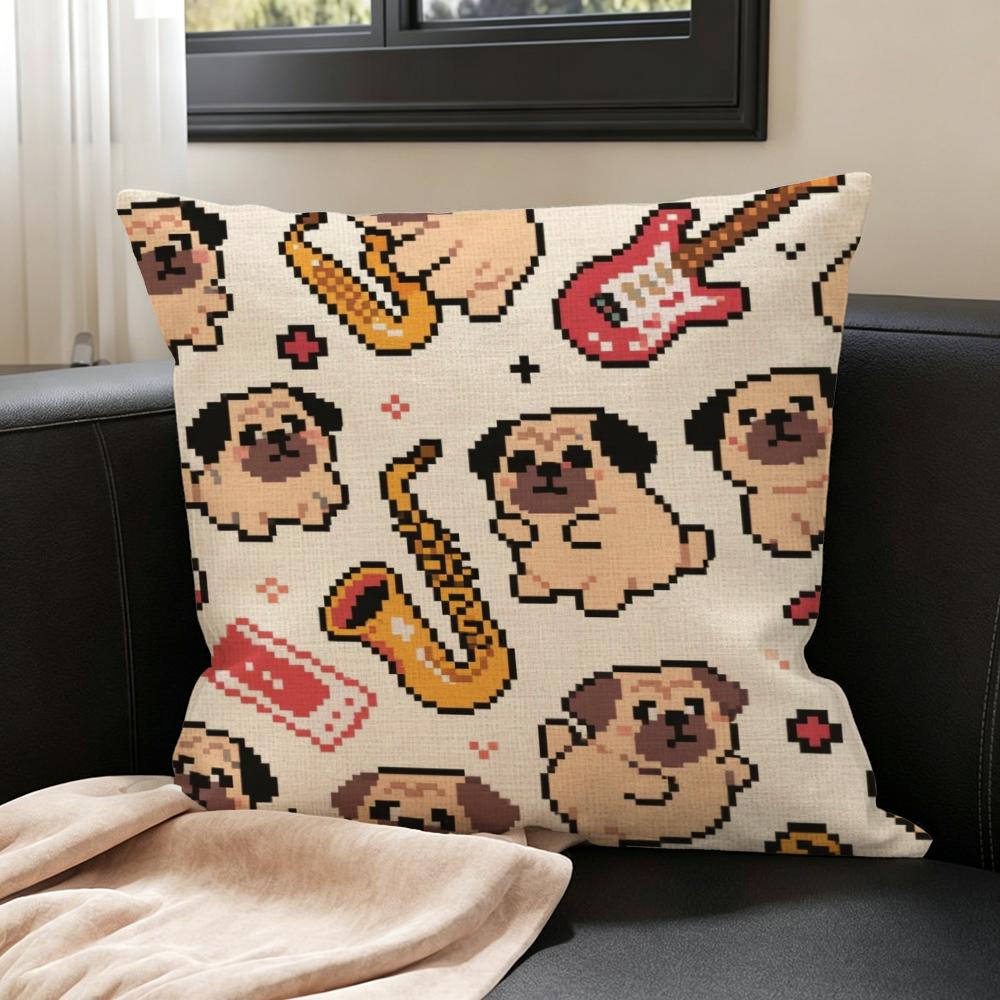 C-Cartoon Pet Pug Cushion Cover Natural Linen Pillowcase Set, All-In-One Decor For Sofa, Bedroom & Chair