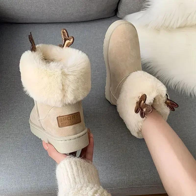 Модные Kawaii Женские Снегоступы Большого Размера Теплые Элегантные На Среднем Каблуке Милые Женские Ботинки Плюс Зимняя Обувь 2024 Работа на Скользкий Шик