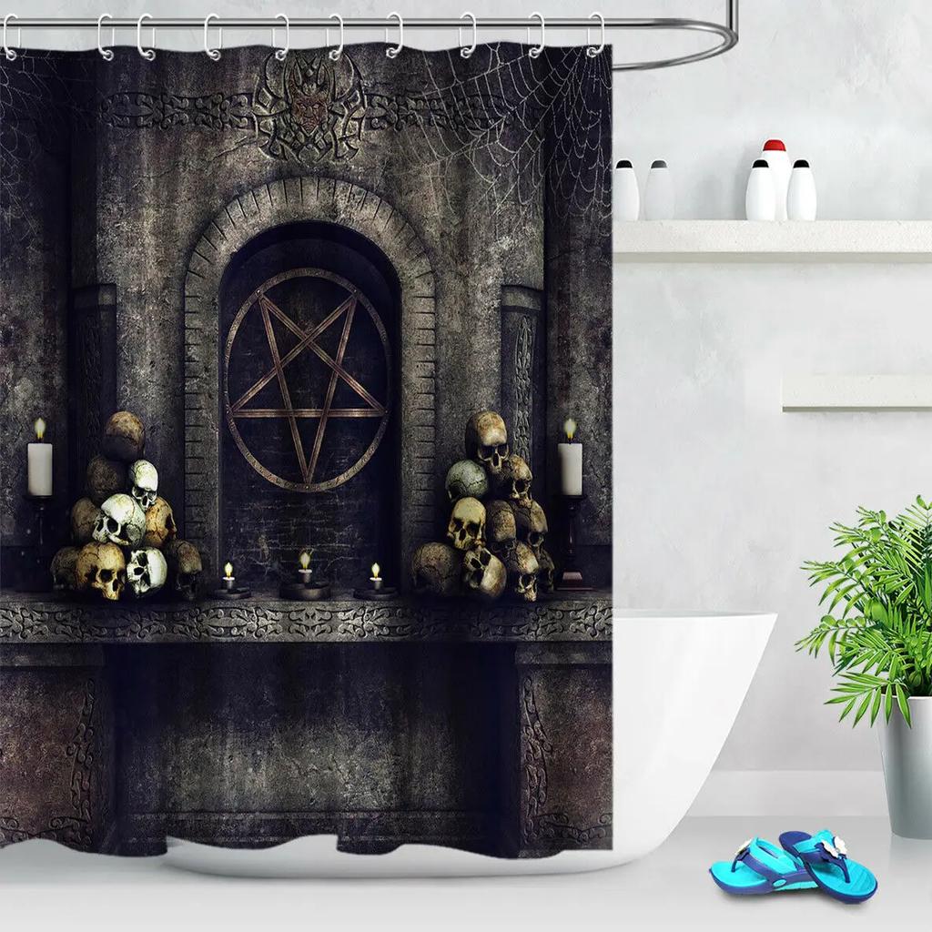 Шторка для душа Пентаграмма с демоном Бафометом Сатанинская козлиная голова Двоичный символ Тату Водонепроницаемый набор штор для ванной с крючками