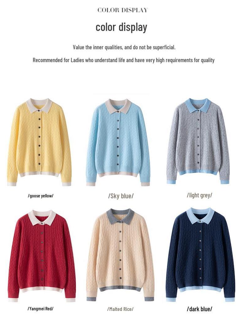 Women's Cashmere Blend Cable Knit Cardigan with Faux Two-Piece, Contrast Colors, Fold-over Sweater, Loose Wool Coat.