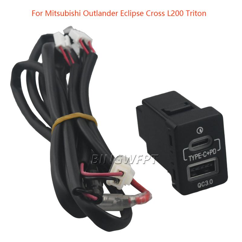 Car USB Charger PD Quick Charge Phone Charging Adapter Outlet Button For Mitsubishi Outlander 14-22 L200 Triton Red LED