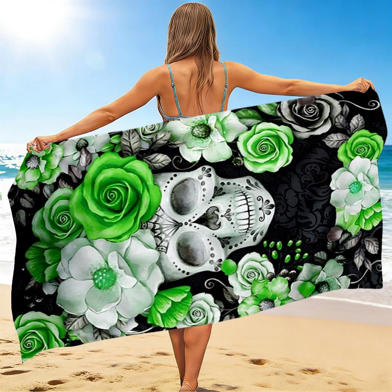 1Pc Green Floral Skull Artwork Beach Towel Quick Dry Multiuse For Beach Pool Gym Yoga Home Travel Christmas Halloween Xmas Gift G1240
