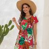 Summer Floral Printing Drawstring Dress V-neck Short Sleeve Vacation Casual Loose Fitting  Short Dress
