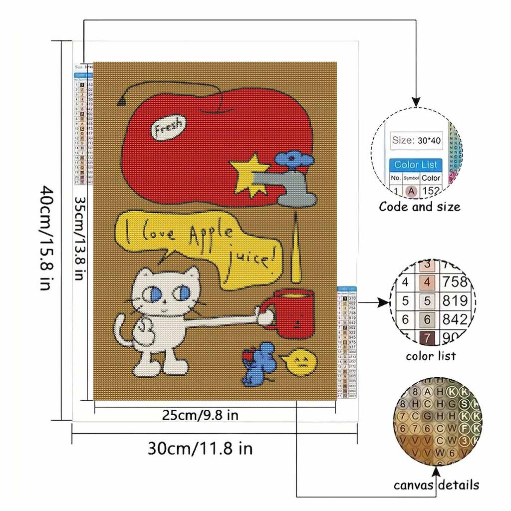 Diamond painting kit white cat and apple. full diamond round mosaic handmade. home decoration gift