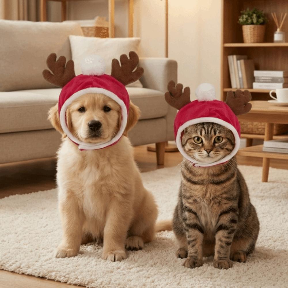 Adjustable Dog Reindeer Hat Warm Pet Calming Hood Cat Antler Hat Festival Photo Prop