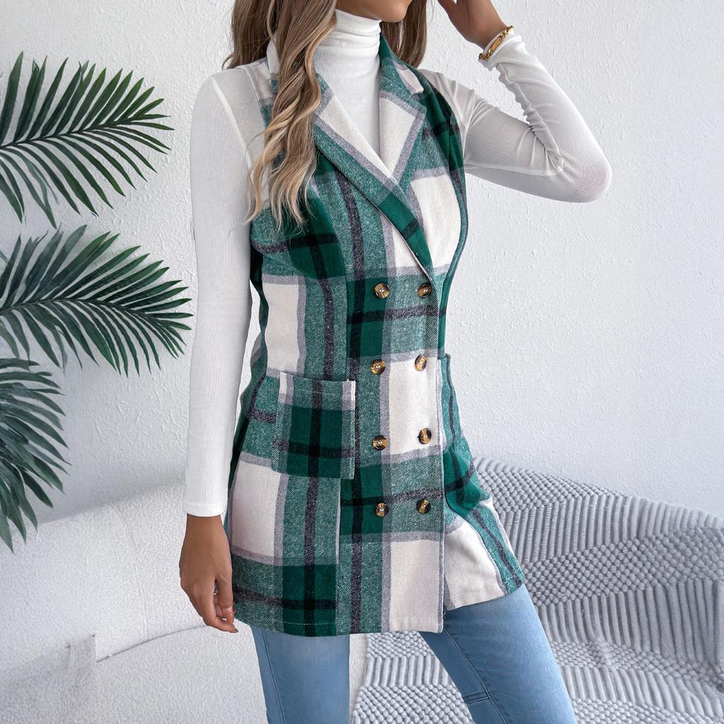 Женское клетчатое двубортное шерстяное пальто с карманами, длинный жилет