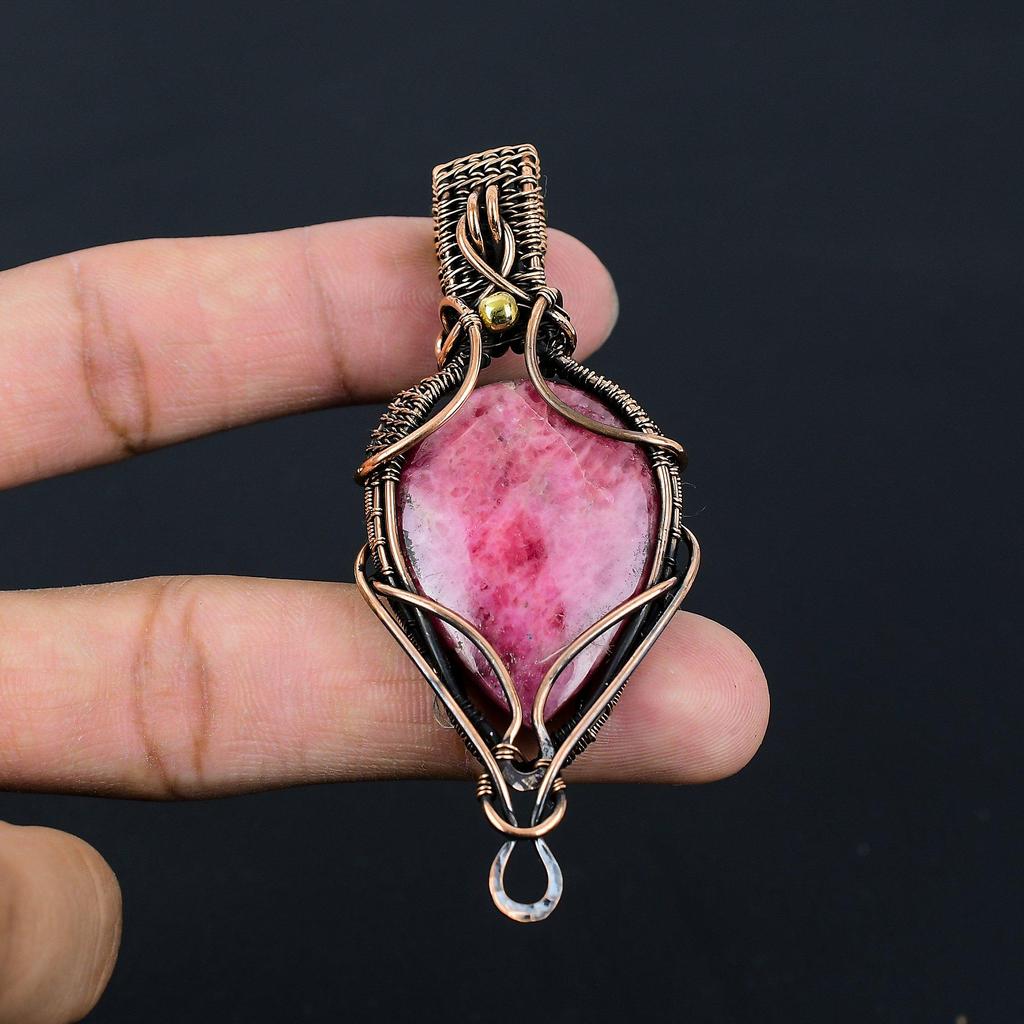 Rhodonite Gemstone Pure Copper Wire Wrapped Handmade Pendant Jewelry