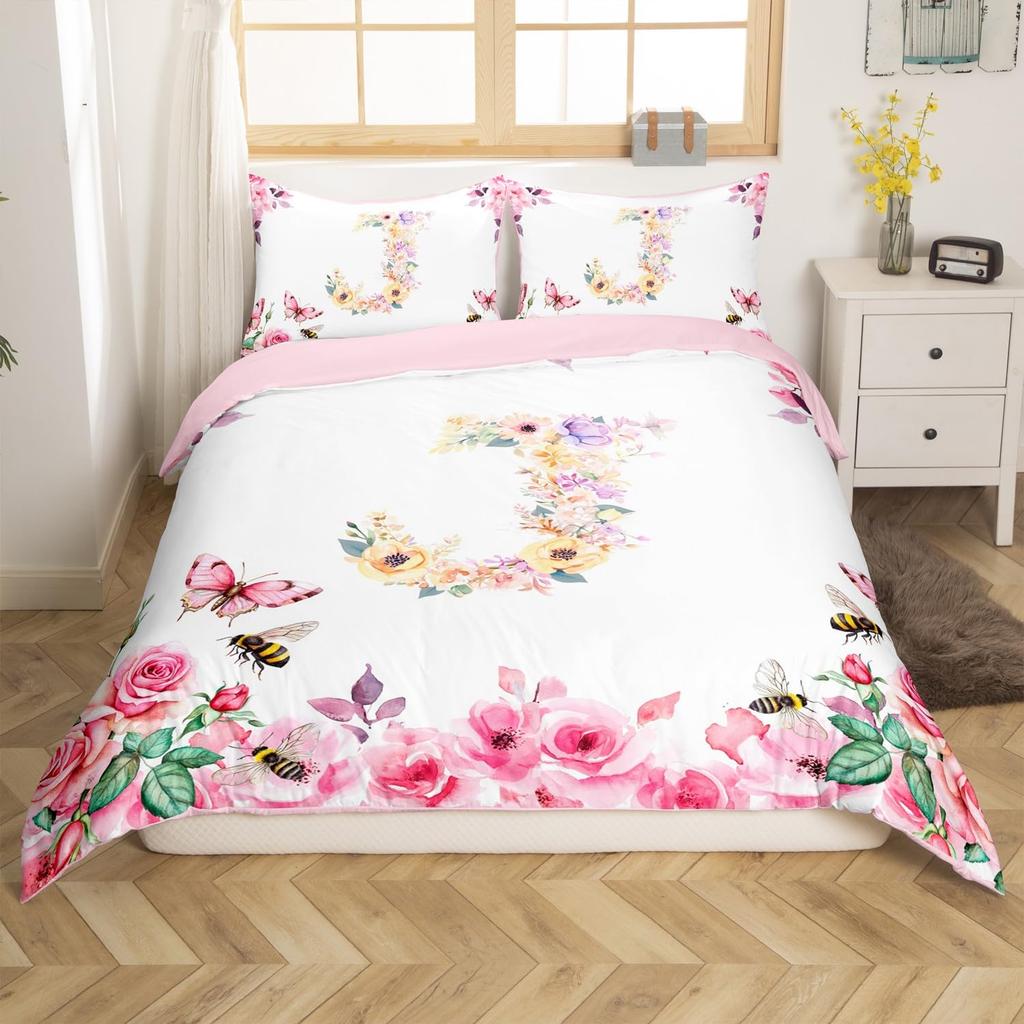Initial Letter A Duvet Cover for Boys Girls Floral Monogrammed Bedding Set Romantic Rose Alphabet Quilt Cover with 2 Pillow Case