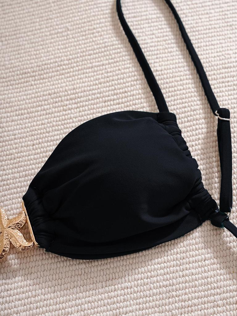 2025 Европейский и американский однотонный купальник бикини с разрезом на шнуровке и кружевом в виде морской звезды