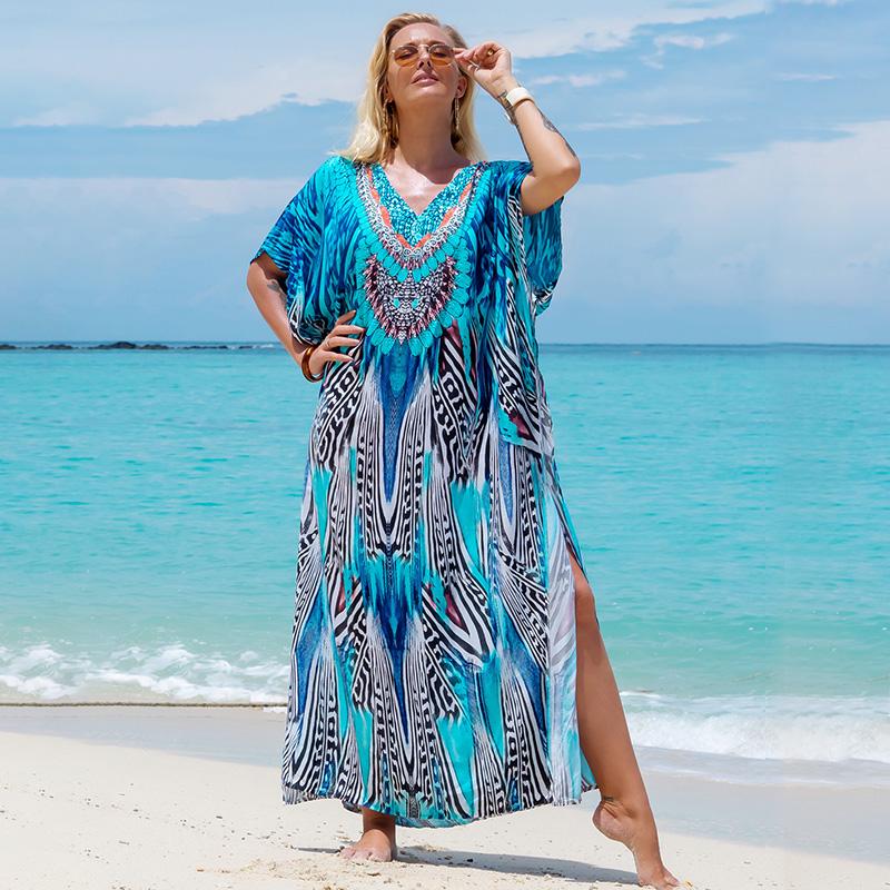 EDOLYNSA Турецкий халат с принтом и рукавами «летучая мышь», летняя туника, купальник больших размеров, накидка для женских купальников, синие платья-кафтаны Q1415
