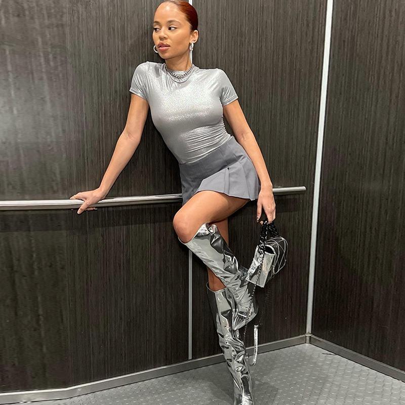 Женская весенняя новая модная металлическая круглая горловина с коротким рукавом обтягивающая футболка топ