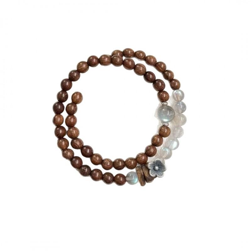 Natural Sandalwood Grey Moonstone Double Circle Bracelet New Chinese Style Women