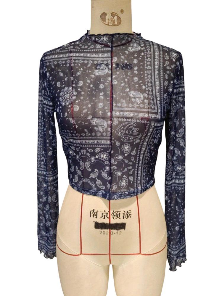 Весенне-летняя элегантная женская сетчатая футболка с принтом, воротником-стойкой и длинными рукавами, укороченная. Универсальная модная рубашка.