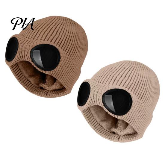 Warm Hat for Most Head Sizes 2Pcs Fleece Lined Hats with Goggles, Winter Knit Casual Accessory Outdoor Activities Hats, Windproof Skiing Caps