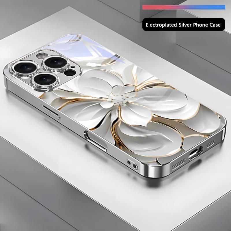 Край Белый Цветок Посеребренный Чехол Для Телефона Для iPhone 17Air 17 16 15 14 13 12 11 Pro Max Plus 16E XR 7 8 X Xr Стеклянная Крышка
