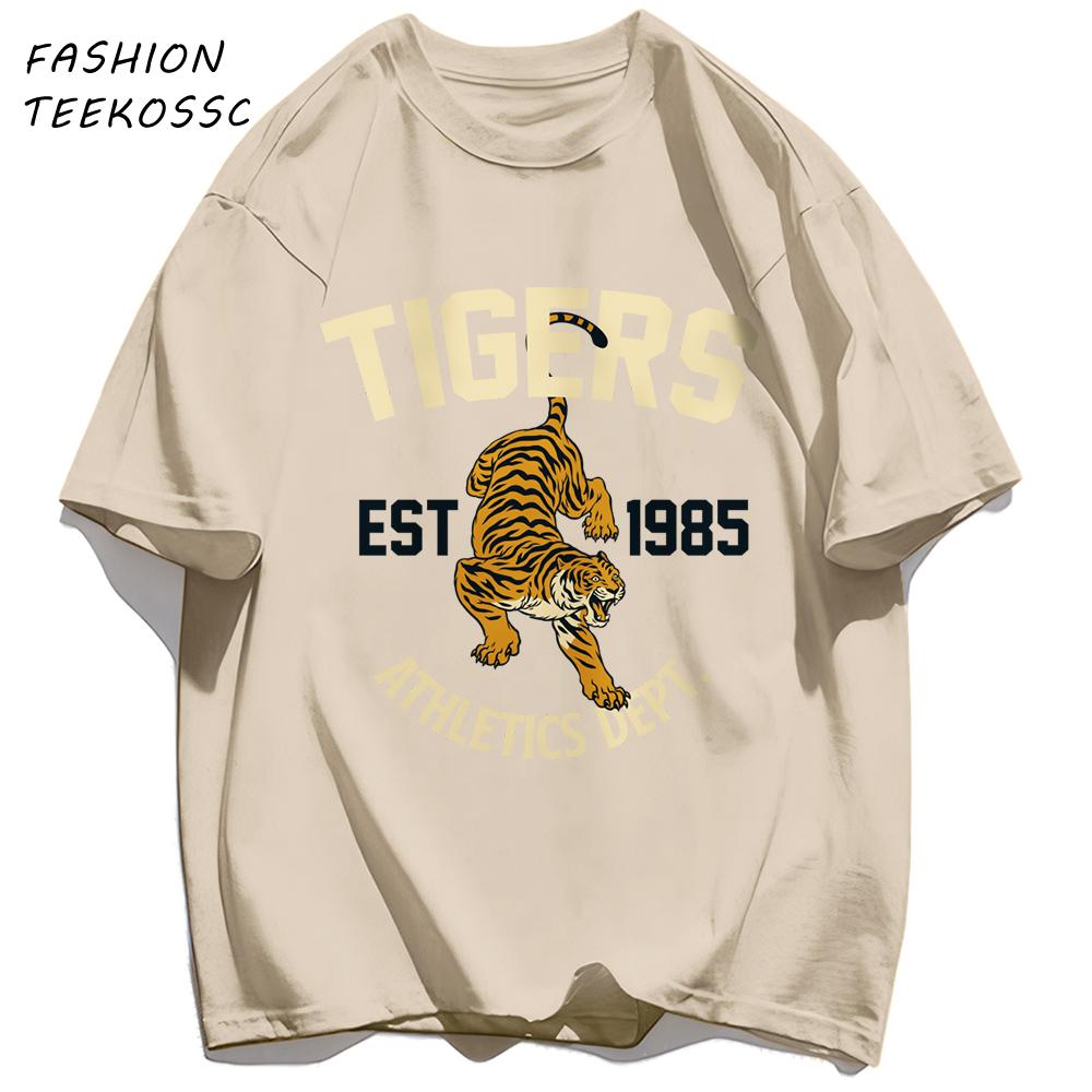 Футболка с спортивным принтом Tigers Est 1985 Мужская Удобная Свободная Футболка Летняя Повседневная Y2K Короткий Рукав Хлопок Универсальная Одежда