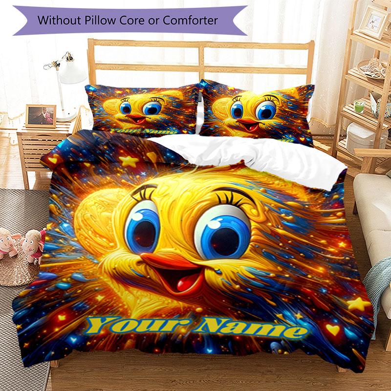 3pcs Custom Name "Golden Starburst Bird Art" Bedding Set Printed Bedding Set Duvet Cover Closure Includes 1 Duvet Cover & 2 Pillowcases Bedroom Decor