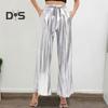 Women Long Pants Elastic High Waist Lace-up Straight Wide Leg Casual Trousers with Pockets Glossy Surface Pants