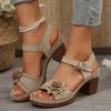 European and American New Medium-heeled Women's Sandals Large-size High-heeled Sandals Large Flower Decoration One-word Buckle with Thick Heel