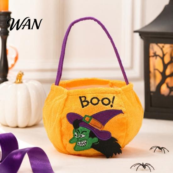 Soft Fabric Halloween Bag Trick or Treat Bucket, 9.8x5.9 Inch Pumpkin Witch Black Cat Plush Large Capacity Candy Holder Tote Bag, Basket with
