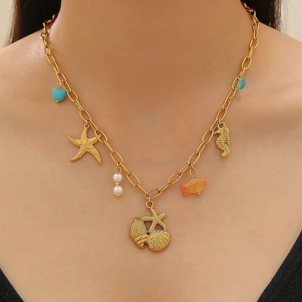 2026 Fashion Multi-element Ocean Wind Love Bow Sun Moon Devil's Eye Pendant Chain Necklace