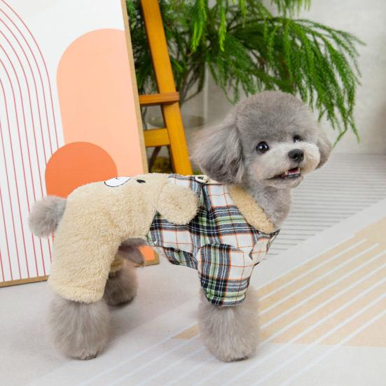 jijijing Fuzzy Bear Dog Jumpsuit, Cute Plaid Outfit, Warm 4-Legged Apparel, Plush Lined Cozy Onesie Clothes for Small Autumn Winter
