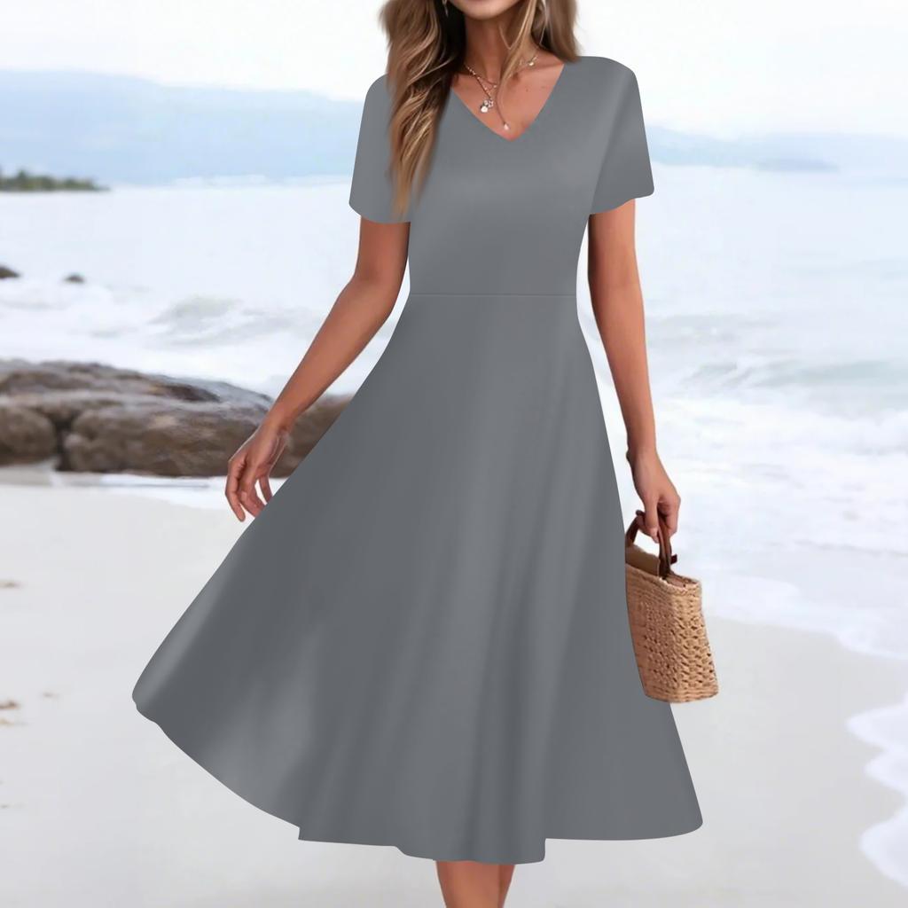 Women's Summer Casual Fashion Print Pocket Short Sleeve V-Neck Swing Dress
