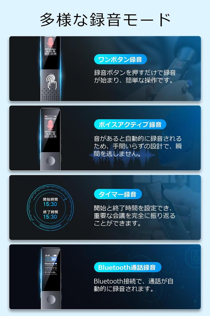 Voice Recorder Large Capacity Bluetooth 3072kbps Sound Small IC Recorder Recorder Compact Long Time Recording ENC Dual Microphone Noise Canceling One