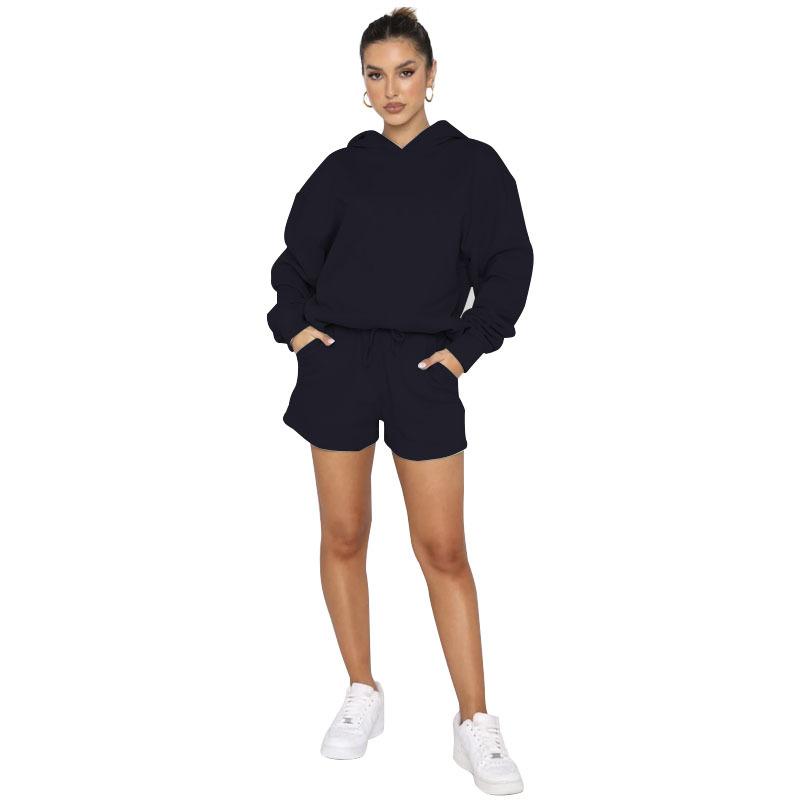 211280 autumn and winter new products European and American solid color pullover hooded long-sleeved sweater women's fashion casual shorts set