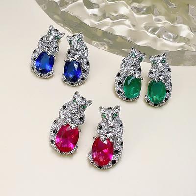 Kajia Fashion Красочные драгоценные леопардовые серьги с высоким содержанием углерода и бриллиантами Светлые роскошные маленькие люди Высокочувствительные бабушкины зеленые голубиные кроваво-красные серьги