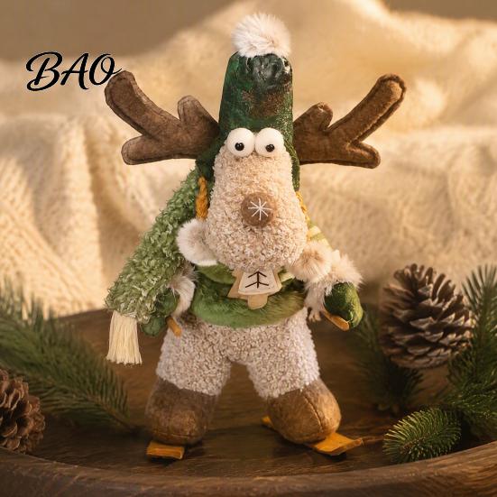 Indoor Christmas Party Supplies Green Plush Figurines, Skiing Snowman Reindeer Stuffed Doll, Fabric Commercial Holiday Display Ornaments Xmas Tabletop