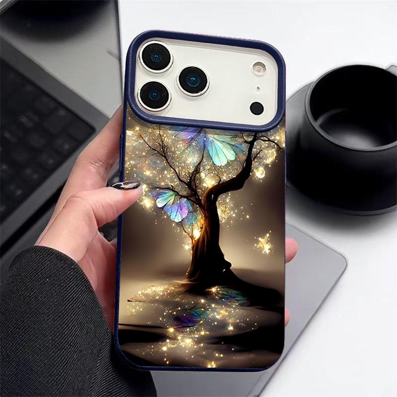 Для iPhone 17 Pro Max Чехол Роскошный Сияющий Фантастическое Дерево Узор Бабочки Кожаная Текстура Силиконовая Крышка Для iPhone 16 Pro Max 15 14 13 12 11 16E Air