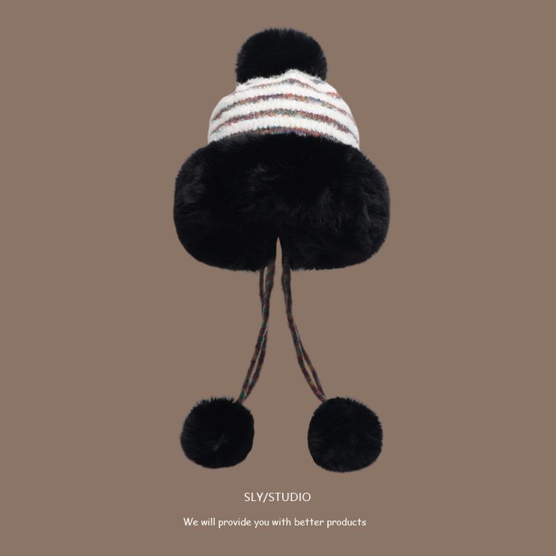 Женская шерстяная шапка на осень и зиму, милая шерстяная шапка с помпоном, с защитой ушей, новая плюшевая теплая шапка-ушанка, кружевная вязаная шапка с помпоном