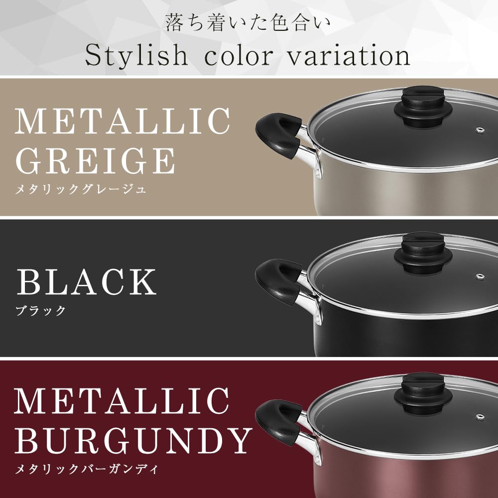 Iris Ohyama 24cm Pot with Glass Diamond Easy to Black Double-Handled Lid, Gas/IH Compatible, Lid, Coating, Durable, Non-Stick, Clean, DCS-P24