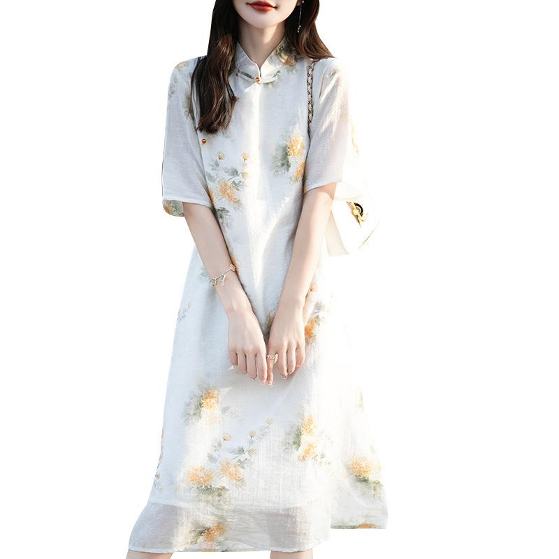 Женское весенне-летнее новое тонкое платье в китайском стиле с принтом, подходящее ко всему, винтажное платье с дисковой пряжкой