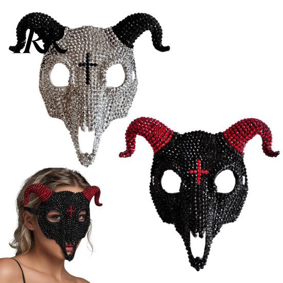 Lightweight Halloween Mask Goat Head Skull Mask, Horror Rhinestone Animal Scary Breathable Horned Devil Masquerade Cosplay Costume Party Prop