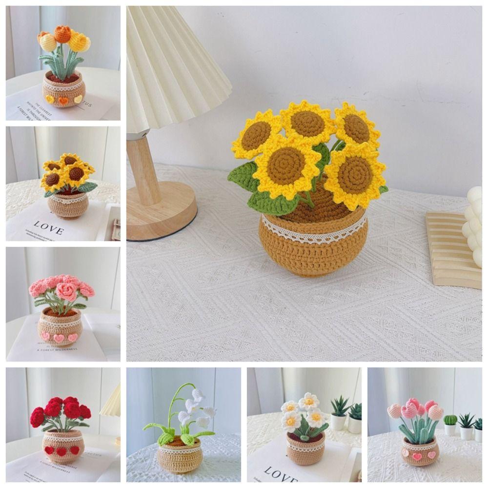 Вязаный крючком тюльпан с маргариткой, комплект из шерстяной пряжи ручной работы, цветок в горшке с тюльпаном для женщин