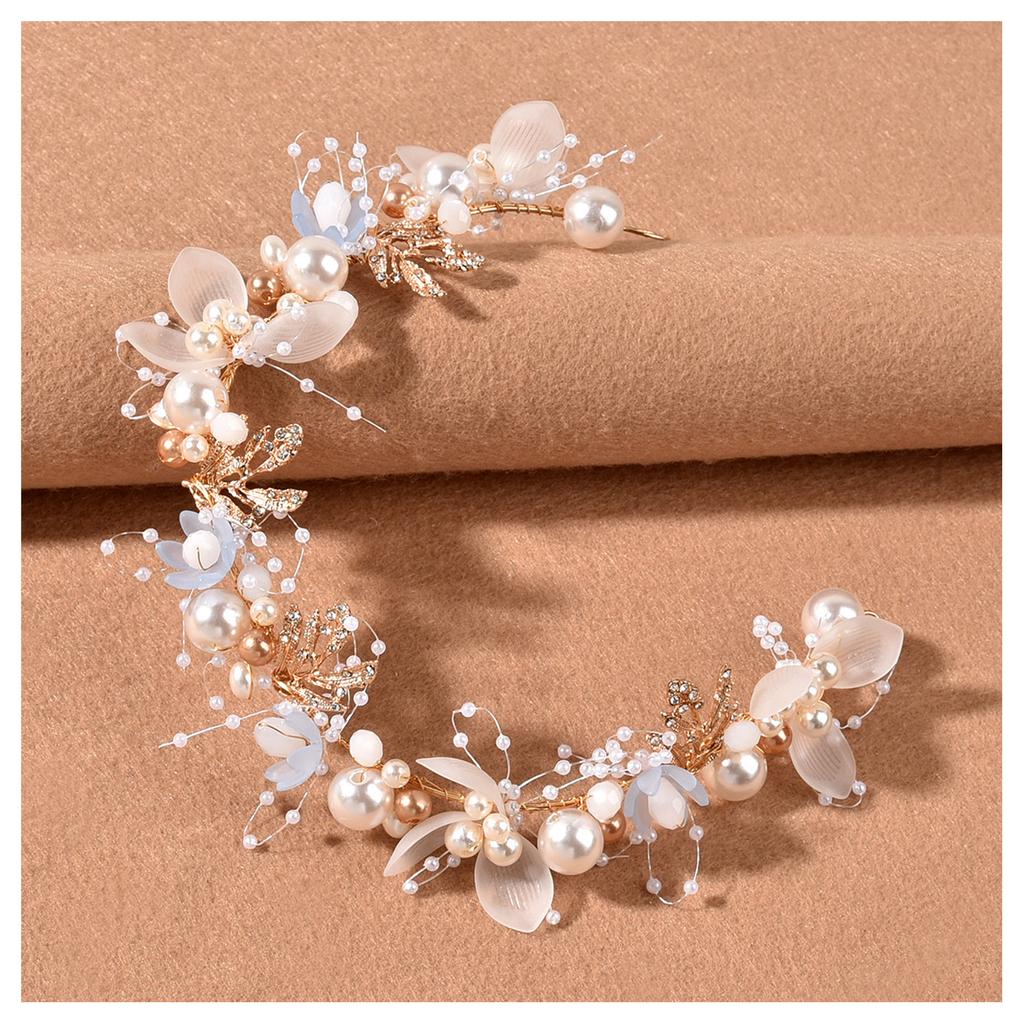 Bridal Handmade Luxurious Headband Knitting Gold Leaves Flower Pearls Gown Hair Vines for Bridesmaid Wedding Party Balls