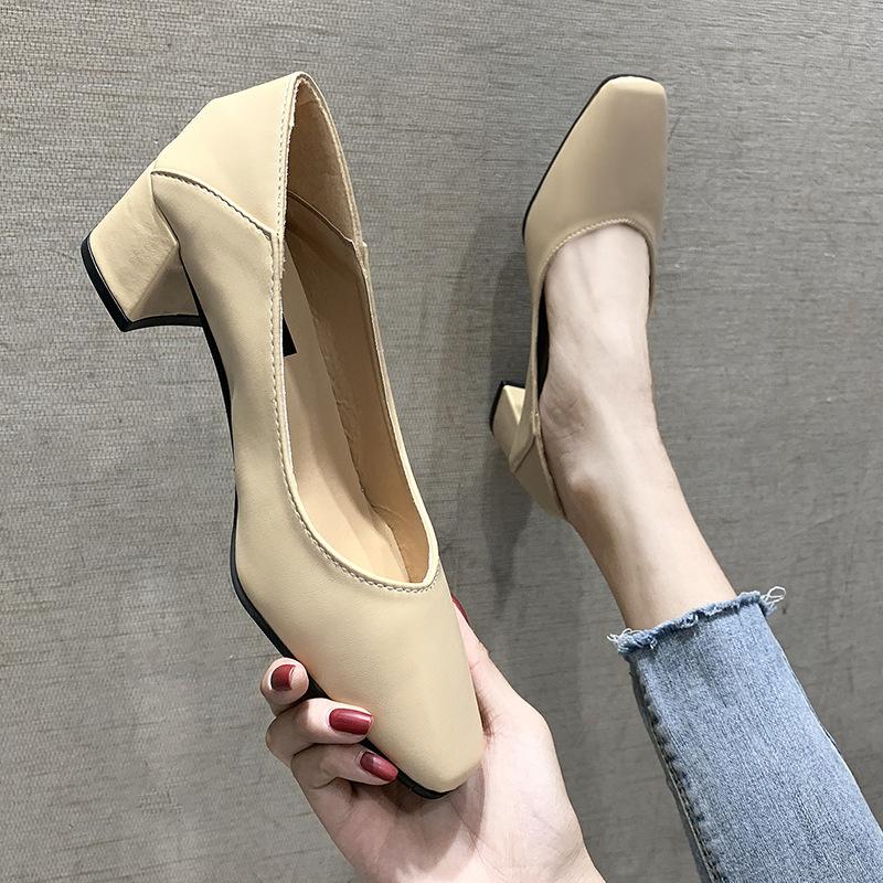 Fashion Shallow Mouth with Follow-up Shoes 2024 New Simple Solid Color Middle Heel Square Toe Daily Work Single Shoe Zapatos De Mujer