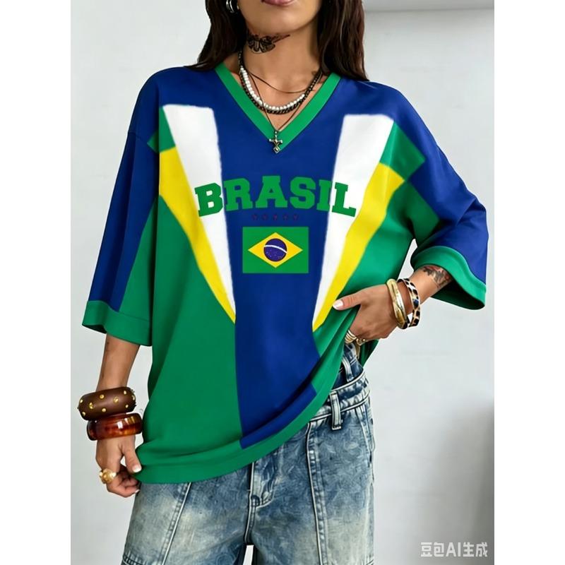 Summer Vintage Brazil Style Print Women V-Neck T Shirt Patchwork Short Sleeve Sports Tees Football Jersey Y2K Loose Tops