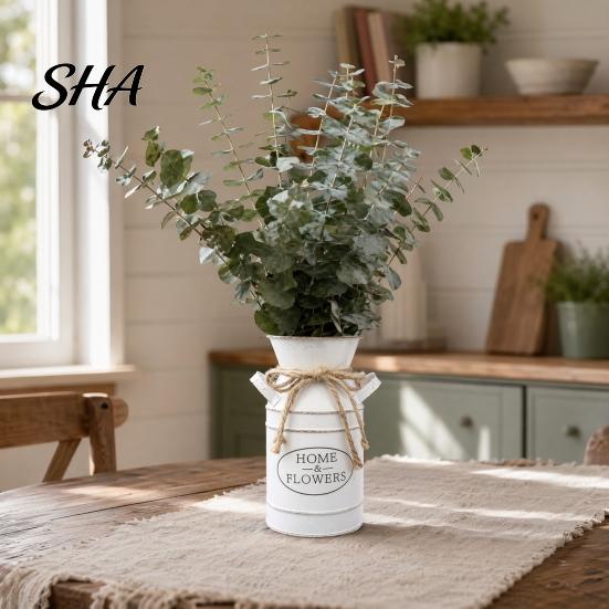 Home Desktop Flower Decor Vintage Iron Can Bucket, Double-Handle Metal Vase with Jute Bow & Embossed Heart/HOME Galvanized Pot Print, Tabletop