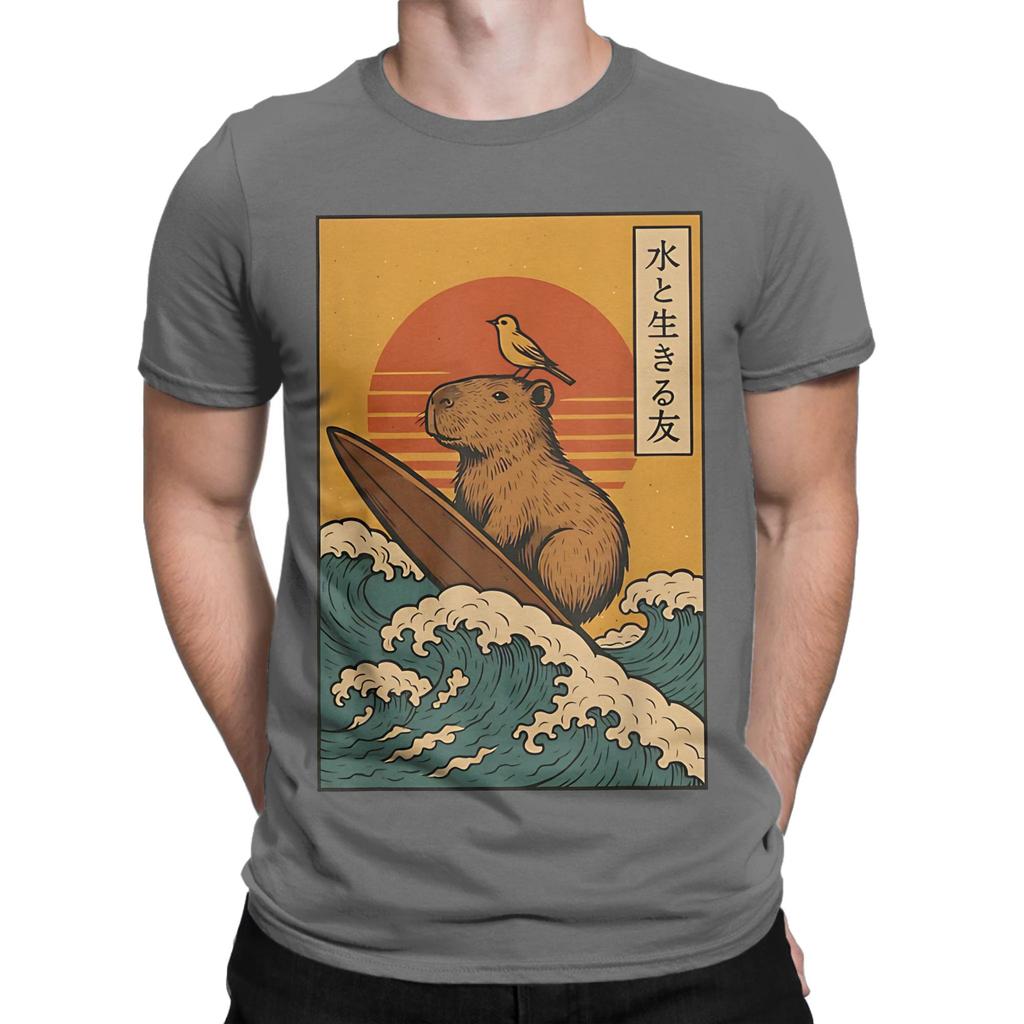 Capybara Surfing Japanese Graphic 100 Cotton TShirt capybara Tees Tops For Unisex