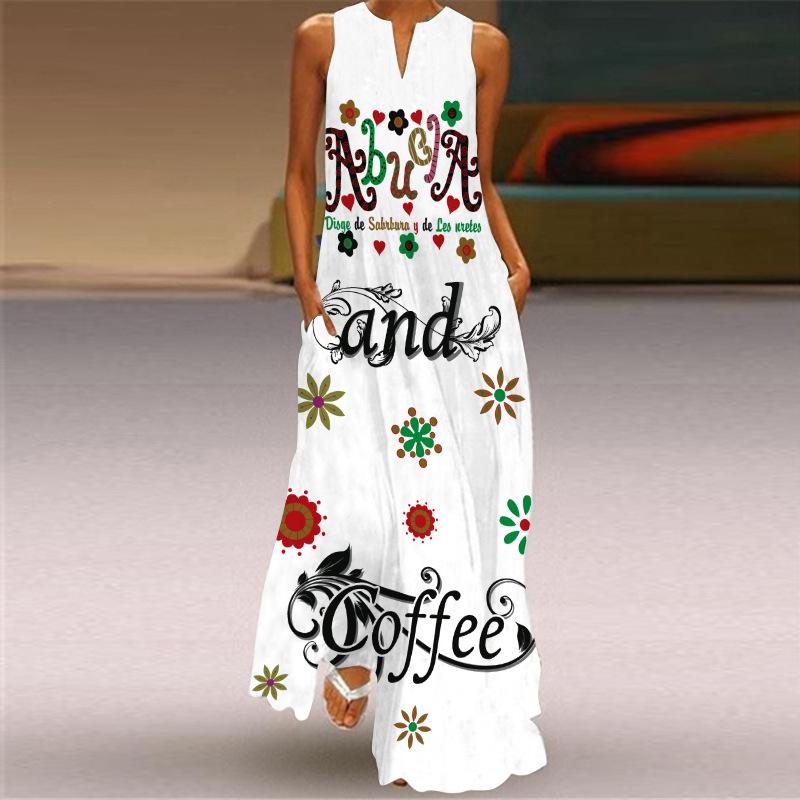 2026 summer women's fashion and sexy digital printing long dress V-neck sleeveless pocket European and American dress S-5XL